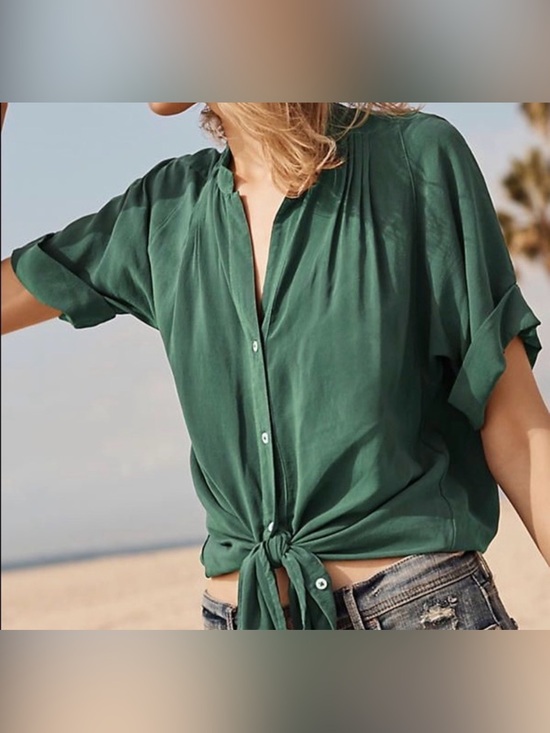 Maeve Tops - Maeve mossy  Green Tie-Front Button Shirt